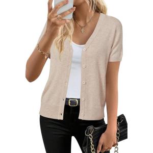 imageArachampampCloz Womens Wool Blended Cropped Cardigan Sweater 2025 Short Sleeve Shrug Business Casual Outfits Lightweight TopApricot