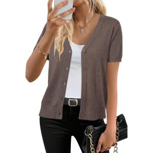imageArachampampCloz Womens Wool Blended Cropped Cardigan Sweater 2025 Short Sleeve Shrug Business Casual Outfits Lightweight TopCoffee