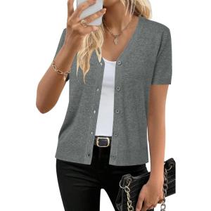 imageArachampampCloz Womens Wool Blended Cropped Cardigan Sweater 2025 Short Sleeve Shrug Business Casual Outfits Lightweight TopDark Gray