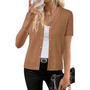 imageArachampampCloz Womens Wool Blended Cropped Cardigan Sweater 2025 Short Sleeve Shrug Business Casual Outfits Lightweight TopMocha Mousse