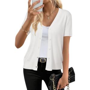 imageArachampampCloz Womens Wool Blended Cropped Cardigan Sweater 2025 Short Sleeve Shrug Business Casual Outfits Lightweight TopOffwhite