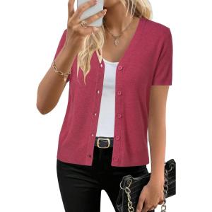 imageArachampampCloz Womens Wool Blended Cropped Cardigan Sweater 2025 Short Sleeve Shrug Business Casual Outfits Lightweight TopRuby Pink