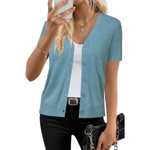 imageArachampampCloz Womens Wool Blended Cropped Cardigan Sweater 2025 Short Sleeve Shrug Business Casual Outfits Lightweight TopSteel Blue