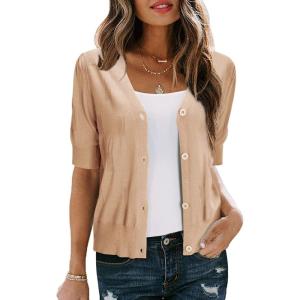 imageArachampampCloz Womens Lightweight Summer Business Casual Cropped Short Sleeve CardiganApricot