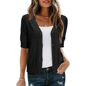imageArachampampCloz Womens Lightweight Summer Business Casual Cropped Short Sleeve CardiganBlack