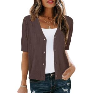 imageArachampampCloz Womens Lightweight Summer Business Casual Cropped Short Sleeve CardiganCoffee