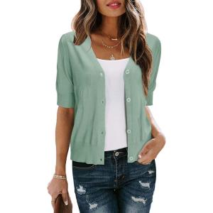 imageArachampampCloz Womens Lightweight Summer Business Casual Cropped Short Sleeve CardiganGreen011