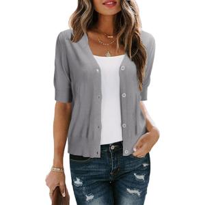 imageArachampampCloz Womens Lightweight Summer Business Casual Cropped Short Sleeve CardiganGrey