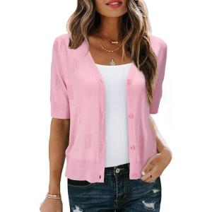 imageArachampampCloz Womens Lightweight Summer Business Casual Cropped Short Sleeve CardiganLight Pink