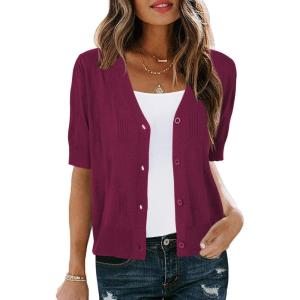 imageArachampampCloz Womens Lightweight Summer Business Casual Cropped Short Sleeve CardiganWine Red