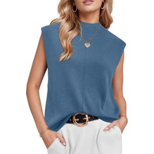 imageArachampampCloz Women 2025 Wool Blended Mock Neck Sleeveless Sweater Vest Summer Business Office Knit Spring Trendy TopsBlue