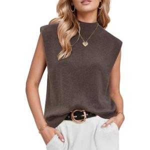 imageArachampampCloz Women 2025 Wool Blended Mock Neck Sleeveless Sweater Vest Summer Business Office Knit Spring Trendy TopsCoffee