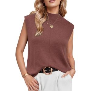imageArachampampCloz Women 2025 Wool Blended Mock Neck Sleeveless Sweater Vest Summer Business Office Knit Spring Trendy TopsDusty Red