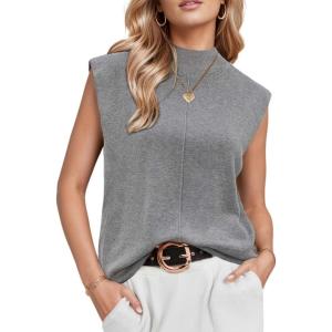 imageArachampampCloz Women 2025 Wool Blended Mock Neck Sleeveless Sweater Vest Summer Business Office Knit Spring Trendy TopsGray