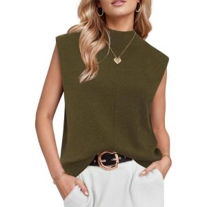 imageArachampampCloz Women 2025 Wool Blended Mock Neck Sleeveless Sweater Vest Summer Business Office Knit Spring Trendy TopsGreen Brown