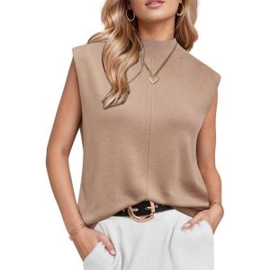imageArachampampCloz Women 2025 Wool Blended Mock Neck Sleeveless Sweater Vest Summer Business Office Knit Spring Trendy TopsKhaki