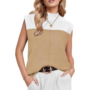 imageArachampampCloz Women 2025 Wool Blended Mock Neck Sleeveless Sweater Vest Summer Business Office Knit Spring Trendy TopsKhaki5064