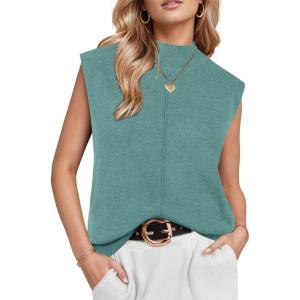 imageArachampampCloz Women 2025 Wool Blended Mock Neck Sleeveless Sweater Vest Summer Business Office Knit Spring Trendy TopsLake Blue