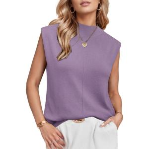 imageArachampampCloz Women 2025 Wool Blended Mock Neck Sleeveless Sweater Vest Summer Business Office Knit Spring Trendy TopsPurple