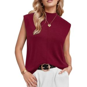 imageArachampampCloz Women 2025 Wool Blended Mock Neck Sleeveless Sweater Vest Summer Business Office Knit Spring Trendy TopsRed