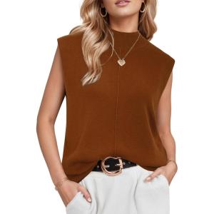 imageArachampampCloz Women 2025 Wool Blended Mock Neck Sleeveless Sweater Vest Summer Business Office Knit Spring Trendy TopsRust