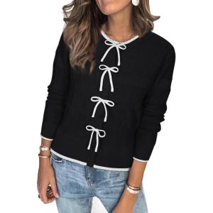 imageArachampampCloz Womens Bow Sweaters Fall Color Block Casual Cardigan Sweaters 2025Blackwhite