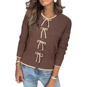 imageArachampampCloz Womens Bow Sweaters Fall Color Block Casual Cardigan Sweaters 2025Coffeeapricot