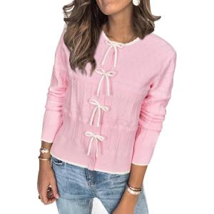imageArachampampCloz Womens Bow Sweaters Fall Color Block Casual Cardigan Sweaters 2025Pinkwhite