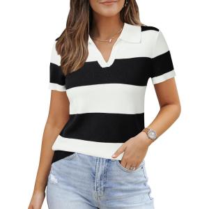 imageArachampampCloz Womens Wool Blend Summer Tops Business Casual Polo Shirts 2025Stripe Blackwhite
