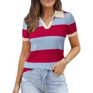imageArachampampCloz Womens Wool Blend Summer Tops Business Casual Polo Shirts 2025Stripe Rose Redblue