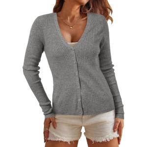 imageArachampampCloz Womens Wool Blended Ribbed Cardigan Lightweight Long Sleeve Sweater 2025 Spring Fashion Button Down Knit TopGray