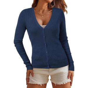imageArachampampCloz Womens Wool Blended Ribbed Cardigan Lightweight Long Sleeve Sweater 2025 Spring Fashion Button Down Knit TopNavy Blue
