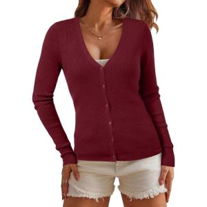 imageArachampampCloz Womens Wool Blended Ribbed Cardigan Lightweight Long Sleeve Sweater 2025 Spring Fashion Button Down Knit TopRed