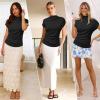 imageArachampampCloz Womens Ruched Summer Tops Mock Neck Cap Sleeve Slim Fit Blouses 2025Black