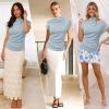 imageArachampampCloz Womens Ruched Summer Tops Mock Neck Cap Sleeve Slim Fit Blouses 2025Light Blue