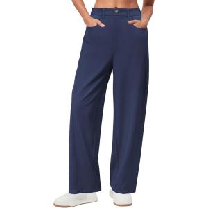imageArachampampCloz 2025 Womens Stretch Wrinkle Free Wide Leg Trousers Casual High Elastic Waisted Loose Palazzo Pants with PocketsDark Blue