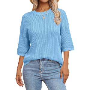 imageArachampampCloz Womens 100 Cotton Summer Casual Relaxed Fit Crochet Tops 2025Light Blue