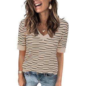 imageArachampampCloz Womens Lightweight Summer Tops Casual Short Sleeve Blouses ShirtsStriped Apricot and Black