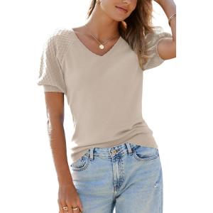 imageArachampampCloz Womens 2025 Summer Short Puff Sleeve Shirts V Neck Cute Blouses Dressy Casual Trendy Sweater TopsCream White