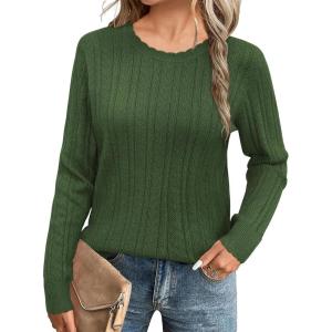 imageArachampampCloz Womens Fall Textured Soft Sweaters Scalloped Neck Long Sleeve ShirtsAmry Green