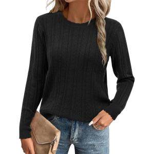 imageArachampampCloz Womens Fall Textured Soft Sweaters Scalloped Neck Long Sleeve ShirtsBblack