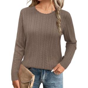 imageArachampampCloz Womens Fall Textured Soft Sweaters Scalloped Neck Long Sleeve ShirtsBcoffee
