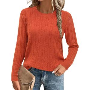 imageArachampampCloz Womens Fall Textured Soft Sweaters Scalloped Neck Long Sleeve ShirtsBrust Orange