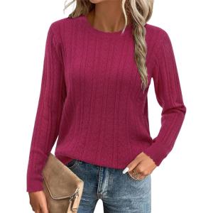 imageArachampampCloz Womens Fall Textured Soft Sweaters Scalloped Neck Long Sleeve ShirtsBwine Red
