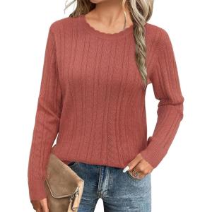 imageArachampampCloz Womens Fall Textured Soft Sweaters Scalloped Neck Long Sleeve ShirtsDusty Red
