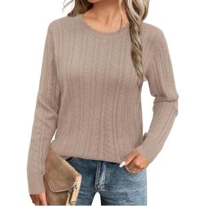imageArachampampCloz Womens Fall Textured Soft Sweaters Scalloped Neck Long Sleeve ShirtsNutmeg