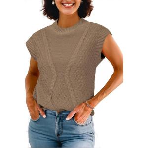 imageArachampampCloz Womens Spring Sweater Vest 2025 Cap Sleeve Crew Neck Casual Tops Cable Knit Crochet Loose Fit Summer OutfitsBrown