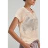 imageArachampampCloz 2025 Womens Crochet Cap Sleeve Knit Tops Spring Summer Shirts Lightweight Collared Hollow Out Casual BlousesApricot