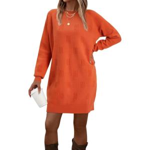 imageArachampampCloz Womens Fall Fashion 2024 Sweater Dress Oversized Crew Neck Long Sleeve Knit Pullover Winter ClothesOrange