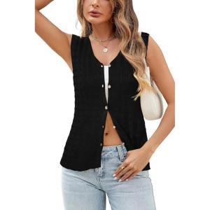 imageArachampampCloz Womens Sweater Vest Tops 2025 Summer Knit V Neck Cardigan Sleeveless Button Textured Business Casual OutfitsBlack